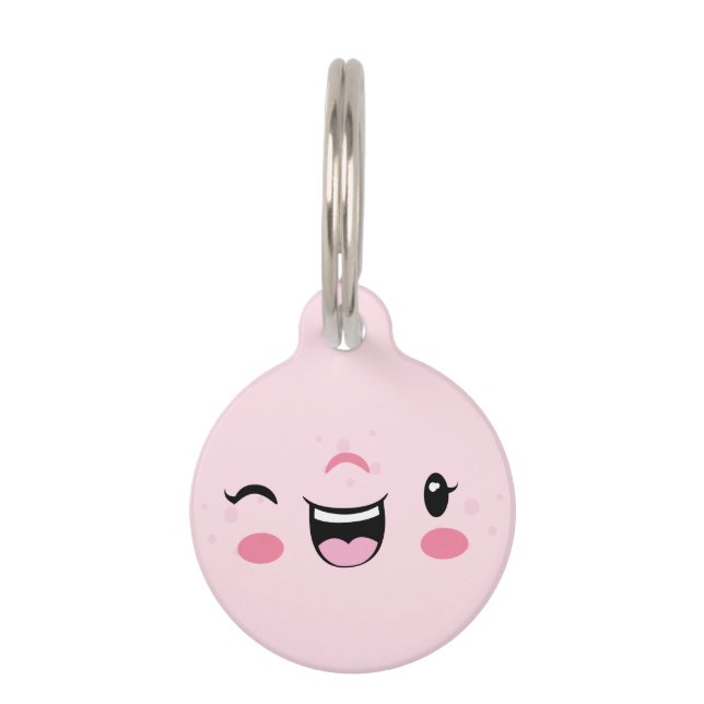 Roze Winking Kawaii Face Dog Label Huisdierpenning (Voorkant)