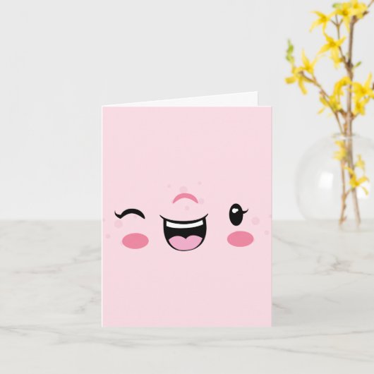 Roze Winking Kawaii Face Note Card Kaart (Gele Bloem)