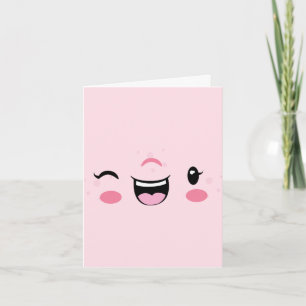 Roze Winking Kawaii Face Note Card Kaart
