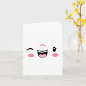 Roze Winking Kawaii Face Note Card Kaart (Gele Bloem)