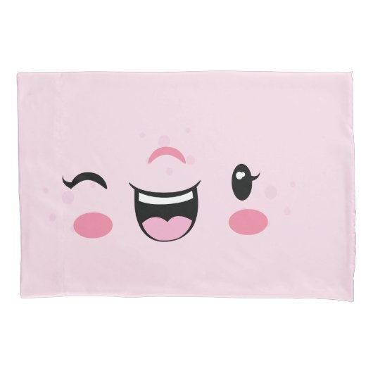Roze Winking Kawaii Face Pillow Hoesje Set Kussensloop (Voorkant-Links)