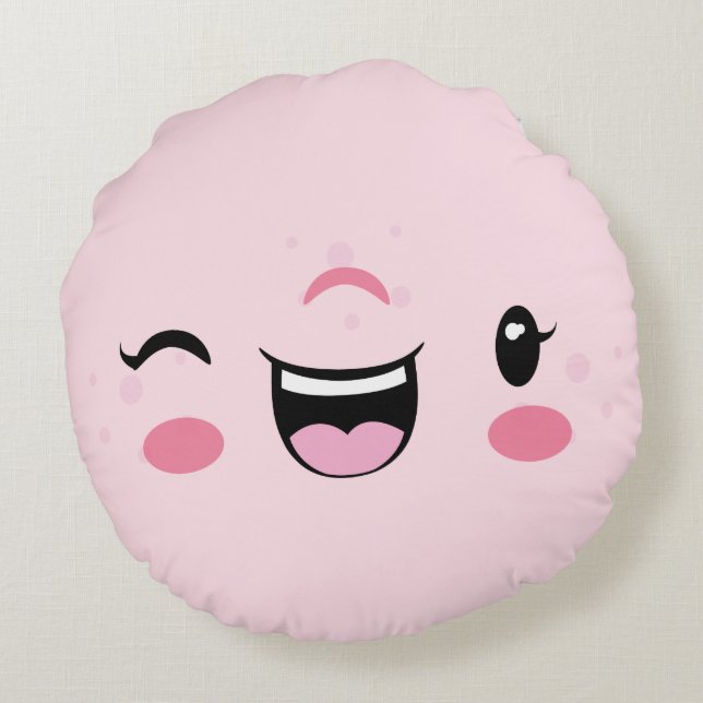 Roze Winking Kawaii Face Round Pillow Rond Kussen (Achterkant)