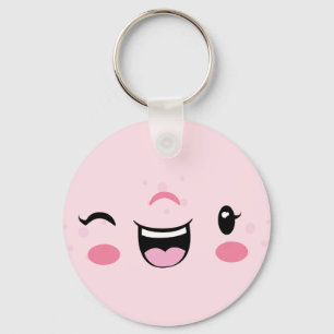Roze Winking Kawaii Face Sleutelhanger