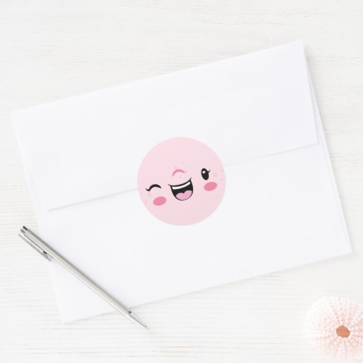 Roze Winking Kawaii Face Stickers (Envelop)