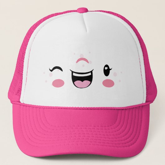 Roze Winking Kawaii Face Trucker Hat Pet (Voorkant)