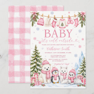 Roze winter arctische dieren Baby Shower Waslijn Kaart