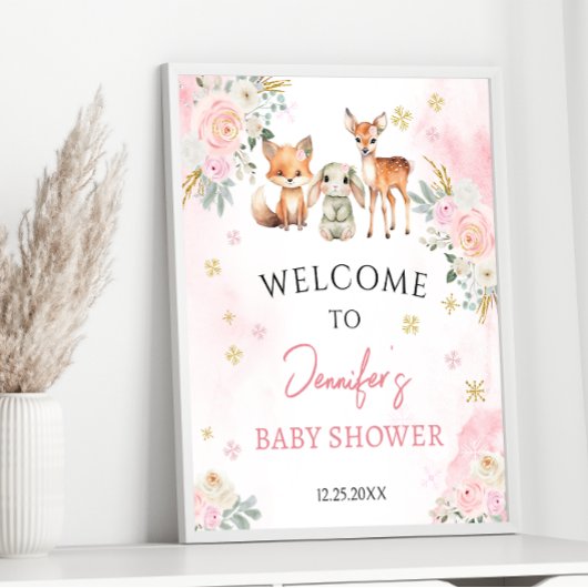Roze winter baby meisje douche welkom teken poster