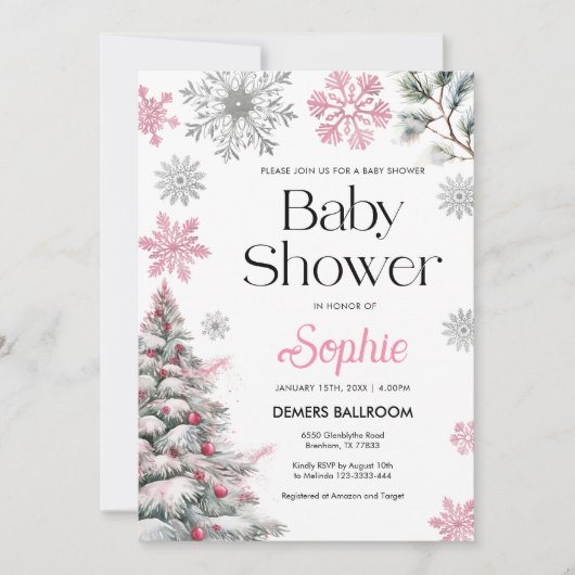 Roze Winter Baby shower Uitnodiging (Voorkant)