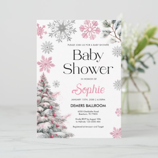 Roze Winter Baby shower Uitnodiging (Staand voorkant)