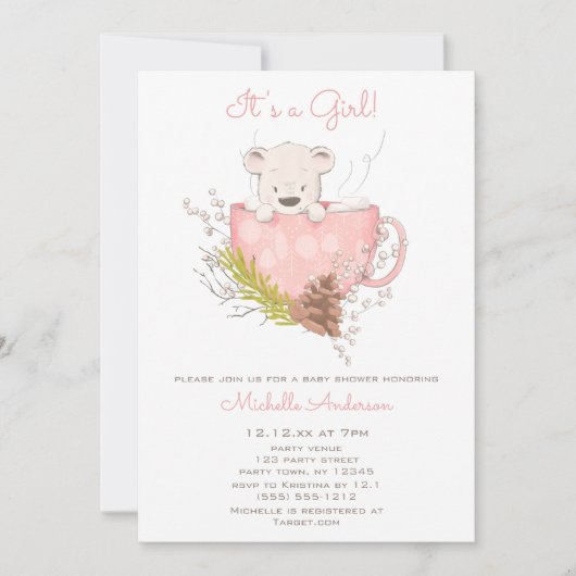 Roze Winter Beer Meisje Baby shower Kaart (Voorkant)