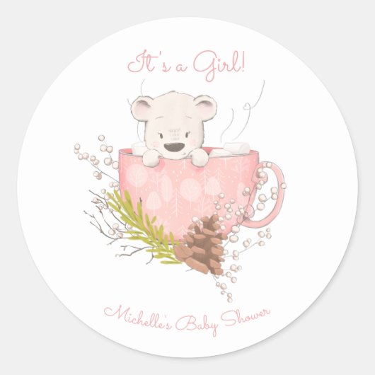 Roze Winter Beer Meisje Baby shower Ronde Sticker (Voorkant)