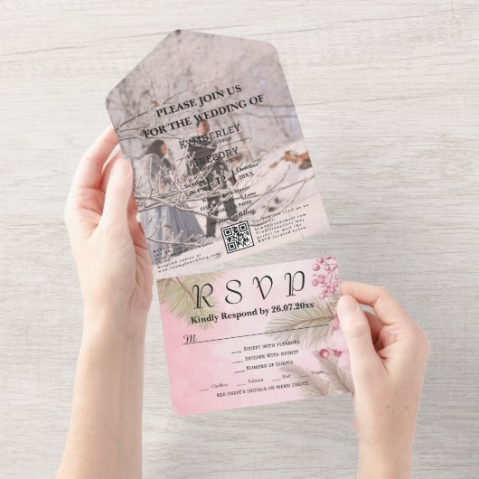 Roze Winter Berry Bloemen Kerstmis Foto QR Code All In One Uitnodiging (Afscheurbaar)