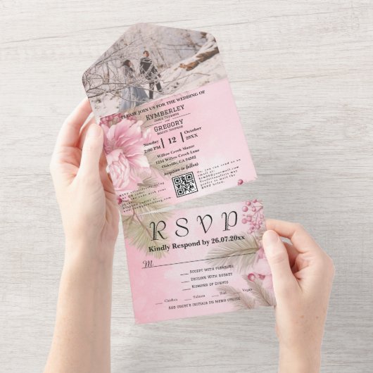 Roze Winter Berry Bloemen Kerstmis Minimale QR-cod All In One Uitnodiging (Afscheurbaar)