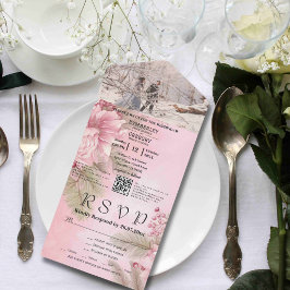 Roze Winter Berry Bloemen Kerstmis Minimale QR-cod All In One Uitnodiging