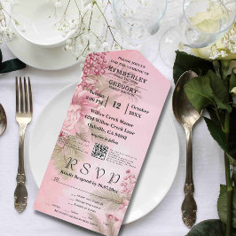 Roze Winter Berry Bloemen Kerstmis Minimale QR-cod All In One Uitnodiging