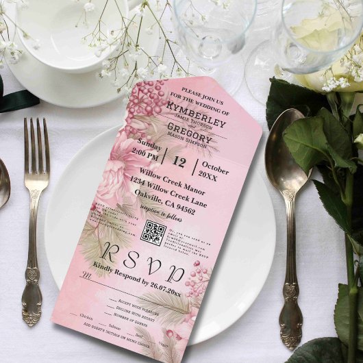 Roze Winter Berry Bloemen Kerstmis Minimale QR-cod All In One Uitnodiging