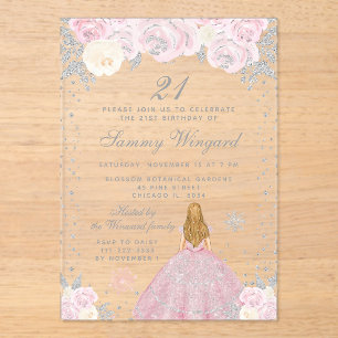 Roze Winter Blond Haar Prinses Verjaardagsfeestje Acryl Uitnodigingen