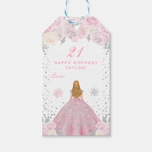 Roze Winter Blonde Haar Prinses Verjaardagsfeest Cadeaulabel (Voorkant)