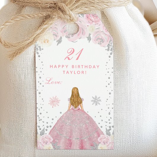 Roze Winter Blonde Haar Prinses Verjaardagsfeest Cadeaulabel