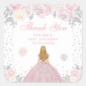 Roze Winter Blonde Haar Prinses Verjaardagsfeest Vierkante Sticker (Voorkant)