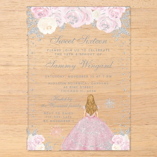 Roze Winter Blonde Haren Prinses Sweet Sixteen Acryl Uitnodigingen