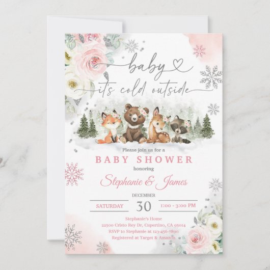 Roze Winter Bos Baby Shower Kaart (Voorkant)