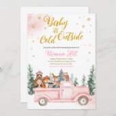 Roze Winter Bos Baby Shower Uitnodiging  (Voorkant / Achterkant)