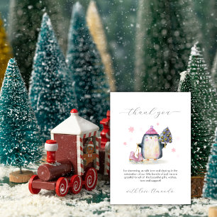 Roze Winter Bos Pinguïn Baby Shower Bedankkaart