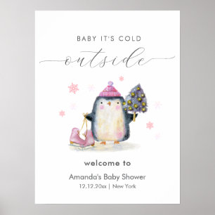 Roze Winter Bos Pinguïn Baby Shower Welkom Poster