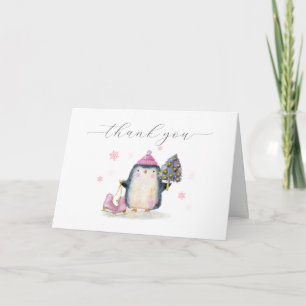 Roze Winter Bos Schaats Pinguïn Baby Shower Bedankkaart