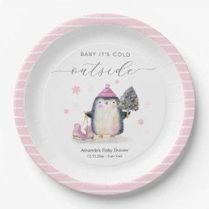 Roze Winter Bos Schaats Pinguïn Baby Shower Papieren Bordje