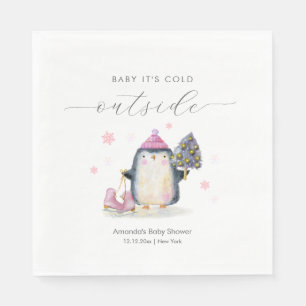 Roze Winter Bos Schaats Pinguïn Baby Shower Servet