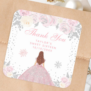 Roze Winter Bruin Haar Prinses Sweet Sixteen Vierkante Sticker