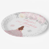 Roze Winter Bruin Haar Prinses Verjaardagsfeest Papieren Bordje (Gekanteld)