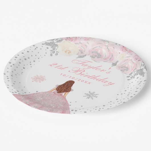 Roze Winter Bruin Haar Prinses Verjaardagsfeest Papieren Bordje (Gekanteld)