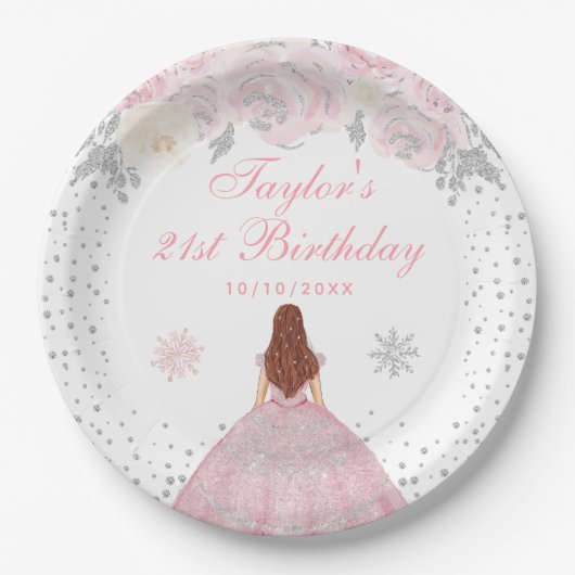 Roze Winter Bruin Haar Prinses Verjaardagsfeest Papieren Bordje (Voorkant)