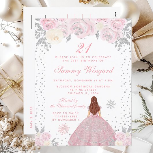 Roze Winter Bruin Haar Prinses Verjaardagsfeestje Briefkaart