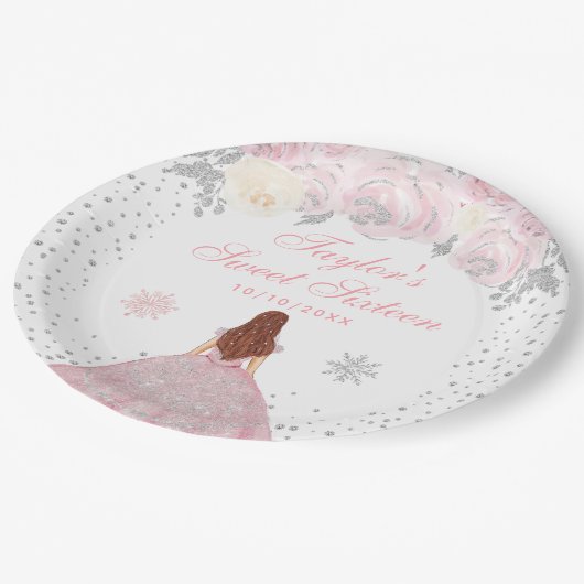 Roze Winter Bruin Haar Prinses Zoet Zestien Papieren Bordje (Gekanteld)
