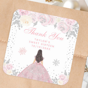 Roze Winter Bruine Haar Prinses Sweet Sixteen Vierkante Sticker