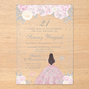 Roze Winter Bruine Haren Prinses Verjaardagsfeestj Acryl Uitnodigingen