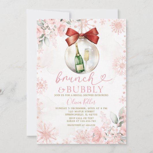 Roze Winter Brunch & Mousserende Wijn Bruiloft Fee Kaart (Voorkant)