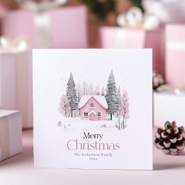 Roze Winter Cottage Christmas Wenskaart Kaart