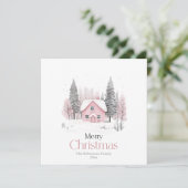 Roze Winter Cottage Christmas Wenskaart Kaart (Staand voorkant)