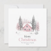 Roze Winter Cottage Christmas Wenskaart Kaart (Voorkant)