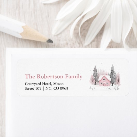 Roze Winter Cottage Kerstadres Label (Insitu)