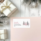 Roze Winter Cottage Kerstadres Label