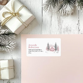 Roze Winter Cottage Kerstadres Label