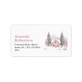 Roze Winter Cottage Kerstadres Label (Voorkant)