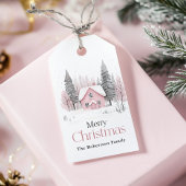 Roze Winter Cottage Kerstmis Cadeaulabel