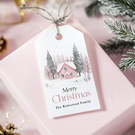 Roze Winter Cottage Kerstmis Cadeaulabel